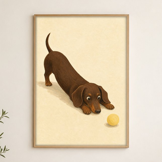Dachshund Stretch Wasserfarbe Whimsical Kunstposte Poster (Shown framed for scale. Poster ships unframed; frames are an optional add-on.)