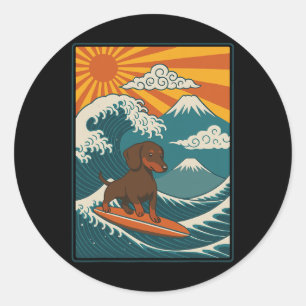 Dachshund surft japanische Welle Wiener Hund Runder Aufkleber