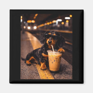 Dachshund trinkt eisgekühlten Kaffee Lustiges Tier Magnet