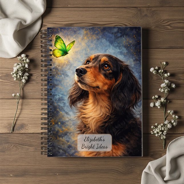 Dachshund und grüne Schmetterlinge Notizbuch (Von Creator hochgeladen)