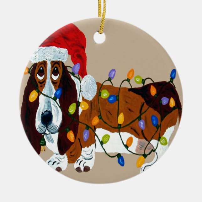 Dachshund verwirrt in den Weihnachtslichtern Keramikornament (Vorne)