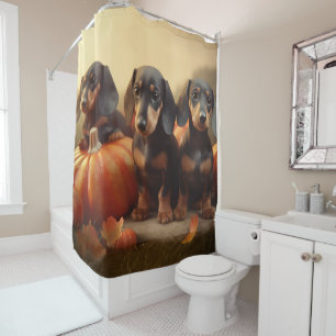Dachshund-Welpe Herbstfreude Kürbis Duschvorhang