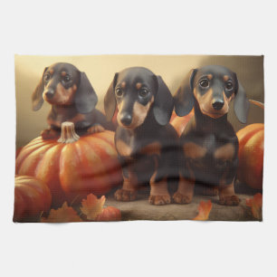 Dachshund-Welpe Herbstfreude Kürbis Geschirrtuch