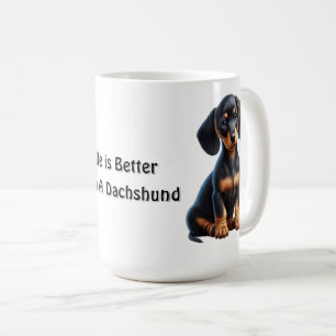 Dachshund-Welpe sitzt und schaut mit unschuldigem  Kaffeetasse