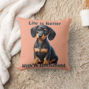 Dachshund-Welpe sitzt und schaut mit unschuldigen Kissen