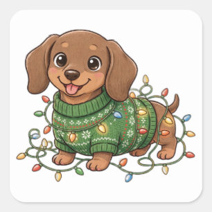 Dachshund-Welpen-Weihnachtsschw sweater-Lichter-Au Quadratischer Aufkleber