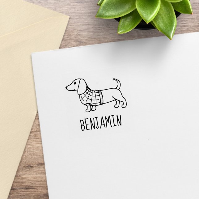 Dachshund Wiener Dog Plaid Sweater Custom Name 1x1 Gummistempel (Von Creator hochgeladen)