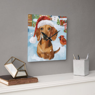 Dachshund Winter Wonderland Weihnachtsfreude Quadratische Wanduhr