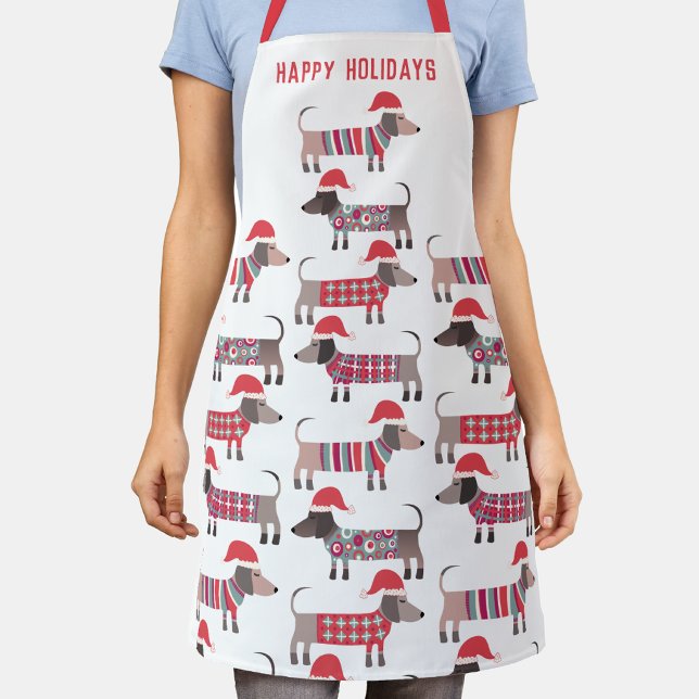 Dachshund Wurst Hund Frohe Feiertage Schürze (Fun Dachshund wiener sausage dogs in Santa hats Christmas winter holidays apron)