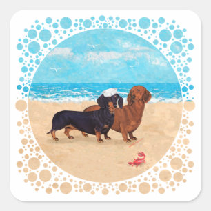 Dachshunde am Strand Quadratischer Aufkleber