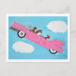 Dachshunde in rosa Cabrio im Himmel Postkarte