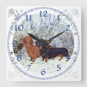 Dachshunds in the Snow Quadratische Wanduhr