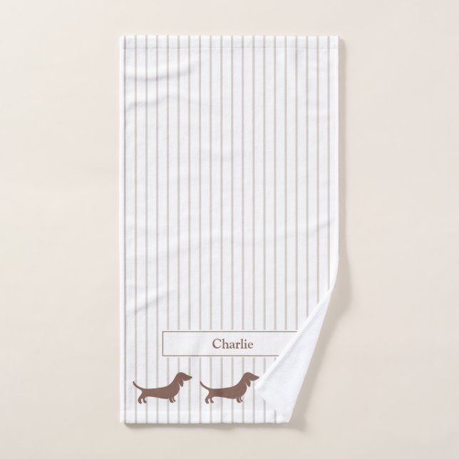 Dachshunts Brown sur bandes beiges Nom personnalis (Serviette à main)