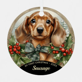 Dachsund Welppy's First Christmas Metal Ornament