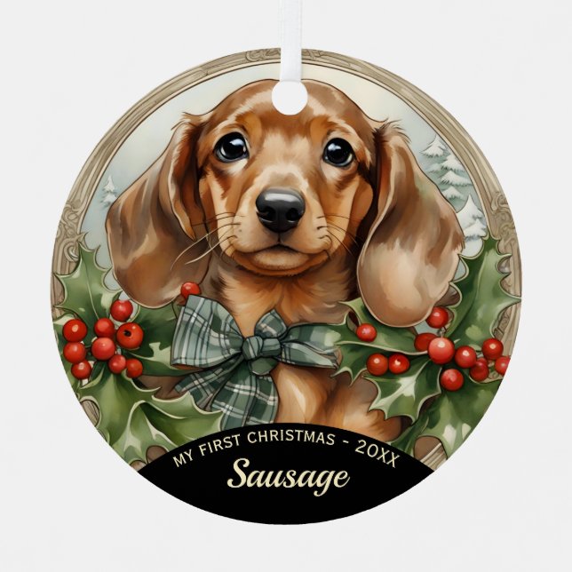 Dachsund Welppy's First Christmas Metal Ornament (Vorderseite)