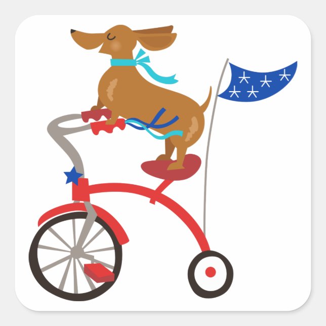 Dackel auf dem Fahrrad Quadratischer Aufkleber (Vorderseite)