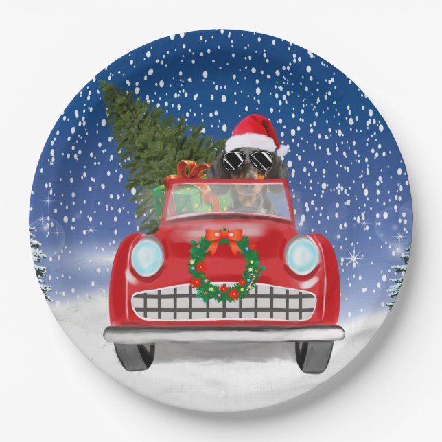 Dackel Autofahren Auto im Schnee Weihnachten Pappteller (Vorderseite)