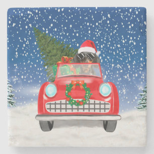 Dackel Autofahren Auto im Schnee Weihnachten Steinuntersetzer