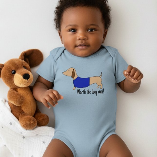 Dackel Baby mit dem Baby-Baby-Baby-Outfit Baby Strampler (Worth the long wait - dachshund baby outfit - baby shower gift)