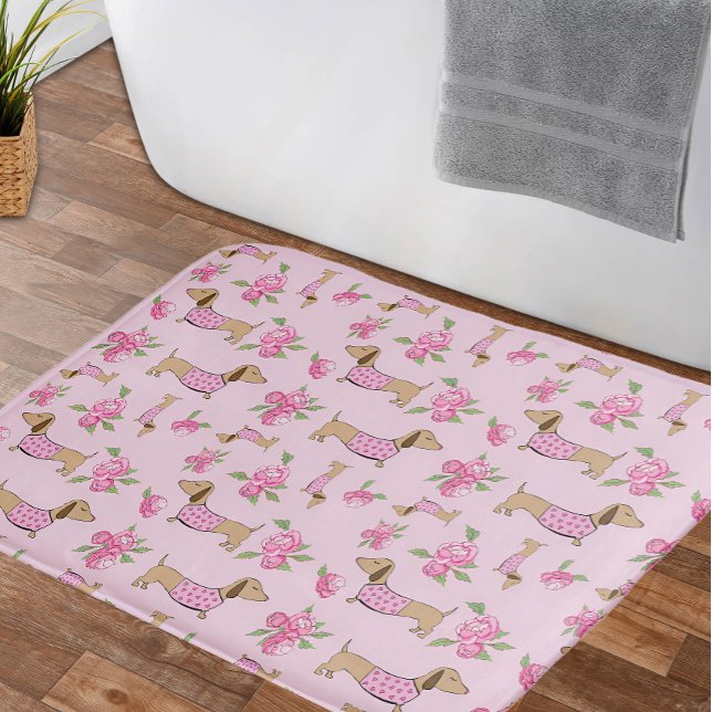 Dackel Bath Mat Dackel + Peonoralruge Badematte (Pink floral dachshund bathroom accessories - peonies and wiener dogs)
