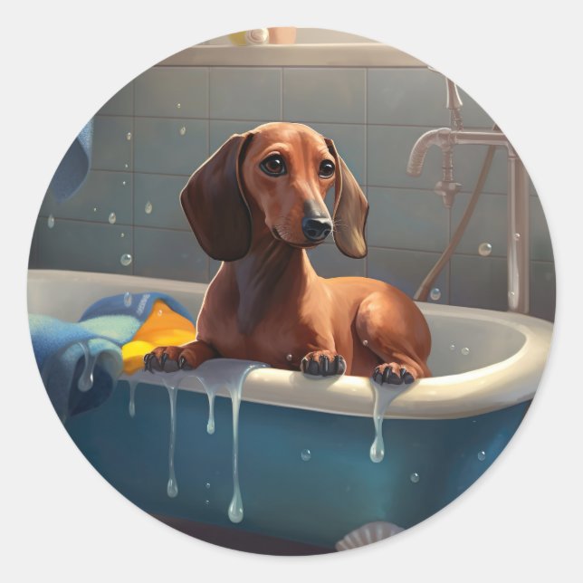 Dackel Bathtime Fun Runder Aufkleber (Vorderseite)
