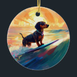 Dackel Beach Surf Malerei Keramik Ornament<br><div class="desc">Tauchen Sie ein in die spielerische Welt des Kaninchen-Abenteuers mit diesem faszinierenden Bild. Ein gepflegter Hund geht zu den Wellen und reitet geschickt auf einem sonnengeküssten Strand. Das lebendige Kunstwerk vereint wunderbar das Wesentliche der Erregung am Strand, während der Hund furchtlos auf den Wellen reitet und den Geist von Spaß...</div>