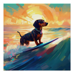 Dackel Beach Surf Malerei Poster
