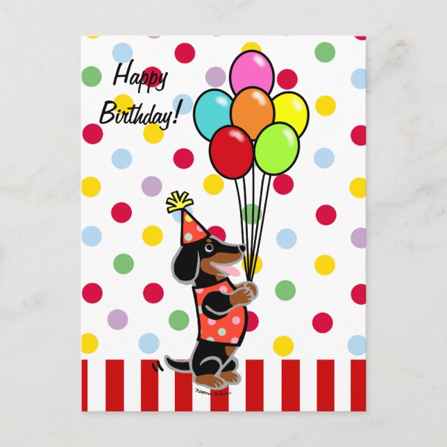 Dackel Birthday Cartoon Balloons Postkarte (Vorderseite)