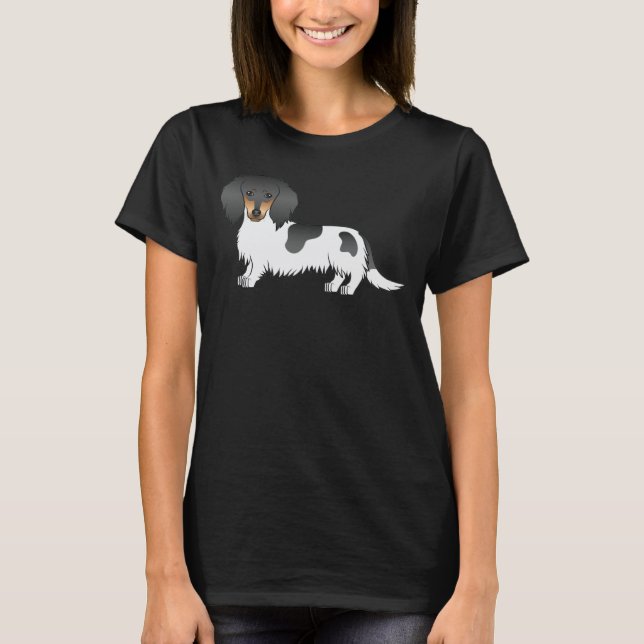 Dackel Black and Tan Piebald Long Hair Hund T-Shirt (Vorderseite)
