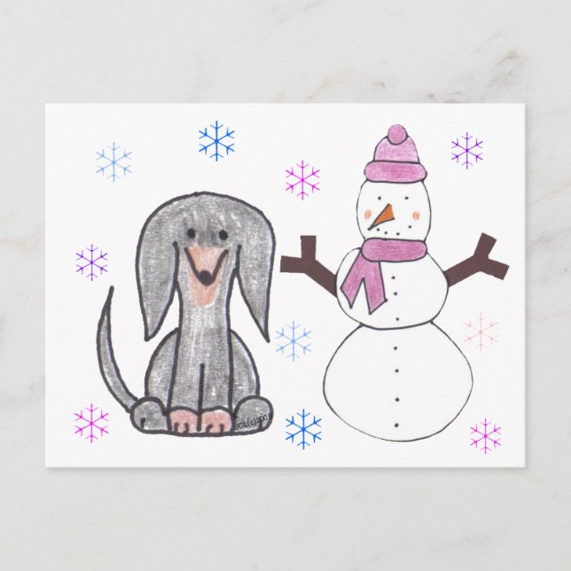 Dackel Black & Snowman Postkarte (Vorderseite)