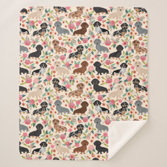 Dackel Blütencreme Vintag Blumen Sherpadecke (Vorderseite)