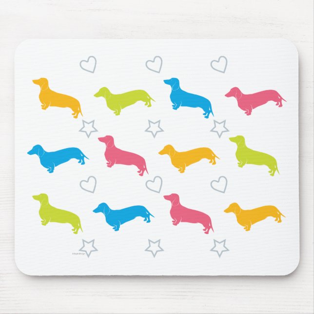 Dackel-bunte Herzen und Sterne Mousepad (Vorne)