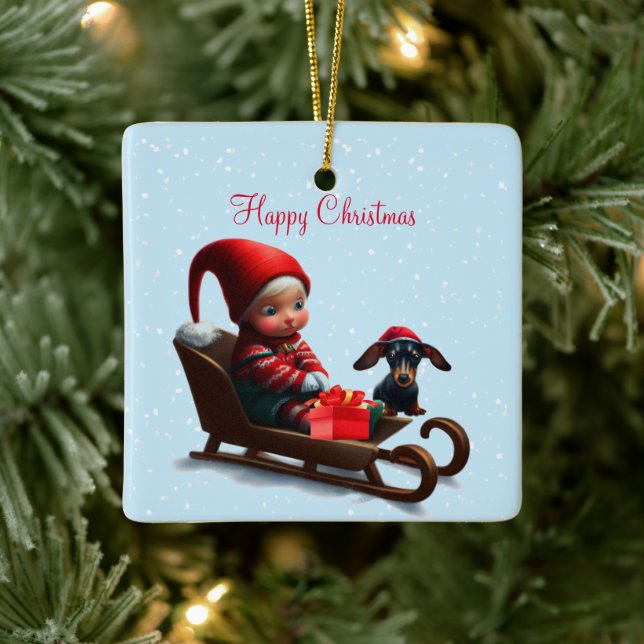 Dackel Christmas Elf Keramikornament (Baum)