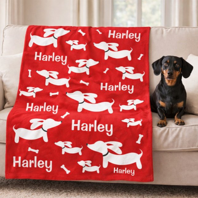 Dackel Custom Red Blanket für Dackel Hunde Fleecedecke (Personalized dachshund blanket - red)