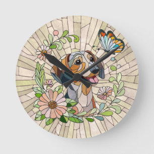 Dackel - Dackel - farbiges Mosaik Runde Wanduhr