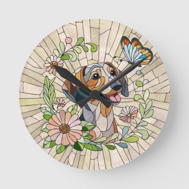Dackel - Dackel - farbiges Mosaik Runde Wanduhr (Vorderseite)