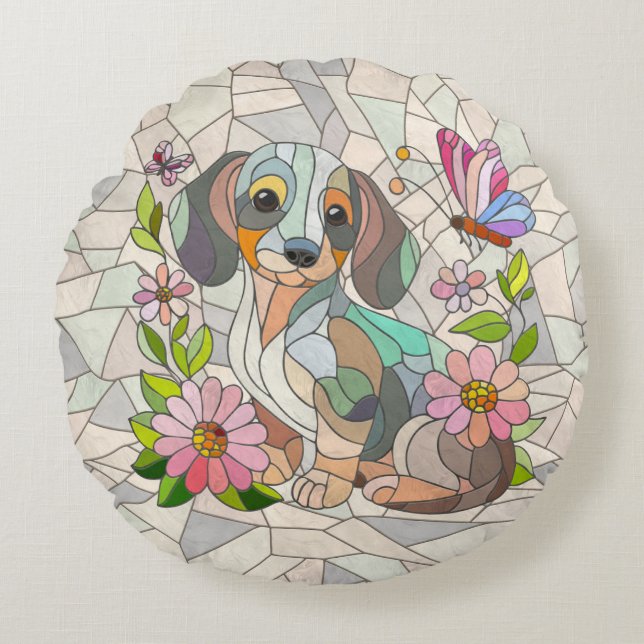 Dackel - Dackel - farbiges Mosaik Rundes Kissen (Vorderseite)