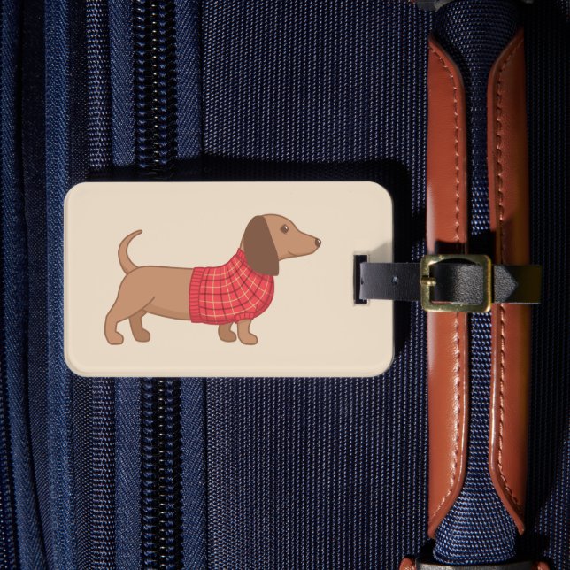 Dackel Dackel Hund Red Kariert Sweater auf Beige Gepäckanhänger (Vorderseite Insitu 4)