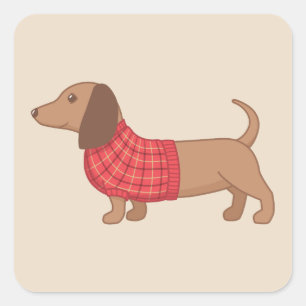 Dackel Dackel Hund Red Kariert Sweater auf Beige Quadratischer Aufkleber