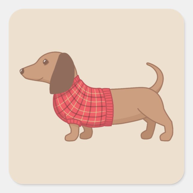 Dackel Dackel Hund Red Kariert Sweater auf Beige Quadratischer Aufkleber (Vorderseite)