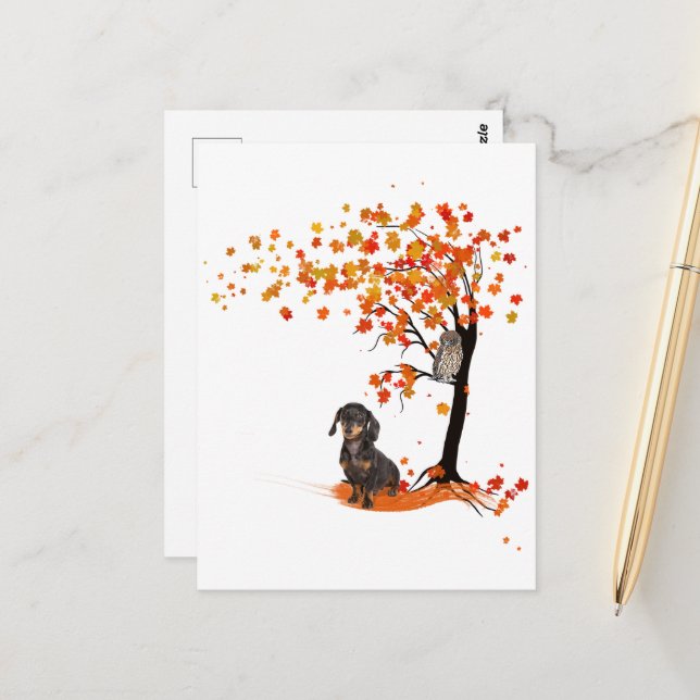 Dackel Dackel im Herbst und Herbst Postkarte (Vorderseite/Rückseite Beispiel)