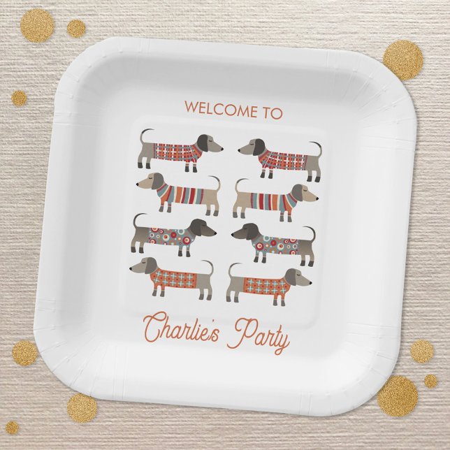 Dackel Dackel Wurst Hund Personalisiert Pappteller (Fun personalized Dachshund Wiener Sausage Dog party paper plates)