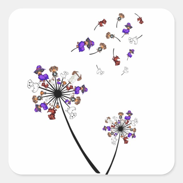 Dackel Dandelion Blume Halloween Kostümideen Quadratischer Aufkleber (Vorderseite)