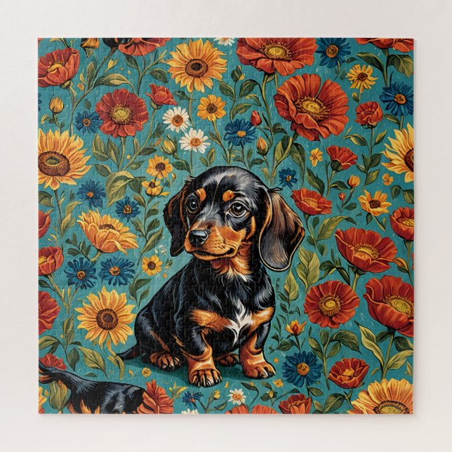 "Dackel der Blumen - farbenfrohe Hunde-Puzzle" (Vertikal)