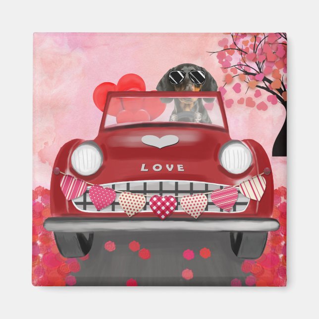 Dackel Dog Autofahren Auto mit Herz Valentin Magnet (Vorne)
