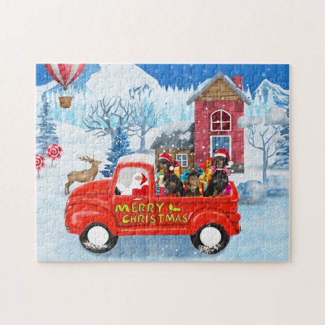 Dackel Dog in Christmas Delivery LKW Schnee (Horizontal)