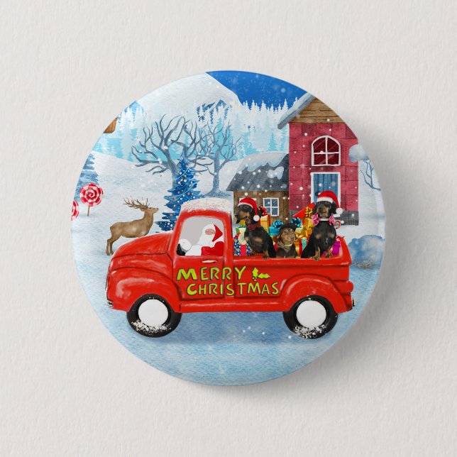 Dackel Dog in Christmas Delivery LKW Schnee Button (Vorderseite)