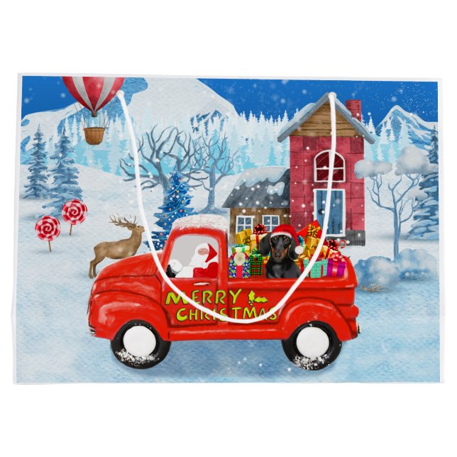Dackel Dog in Christmas Delivery LKW Schnee Große Geschenktüte (Rückseite)