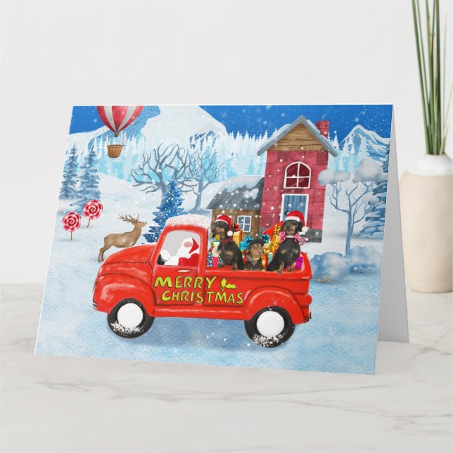 Dackel Dog in Christmas Delivery LKW Schnee Karte (Vorderseite)