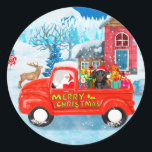 Dackel Dog in Christmas Delivery LKW Schnee Runder Aufkleber<br><div class="desc">Eine perfekte Weihnachtsgeschenkidee für jemanden,  der Hunde Liebe. Dieser niedliche Hund sitzt im weihnachtlichen Lieferwagen und ist ein Geschenk für Ihre Freunde oder Familie,  die Liebe haben oder Hunde besitzen.</div>
